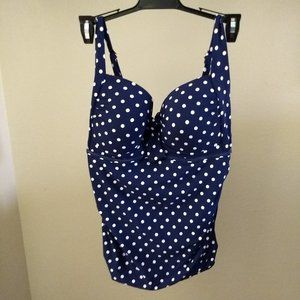 NWT Liz Claiborne L Tankini Navy Blue Polka Dot